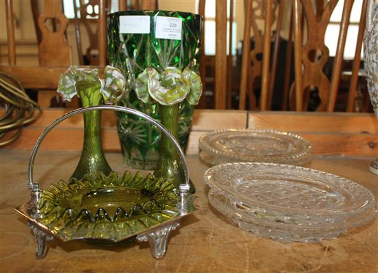 5 hobnail cut glass plates, green vase etc